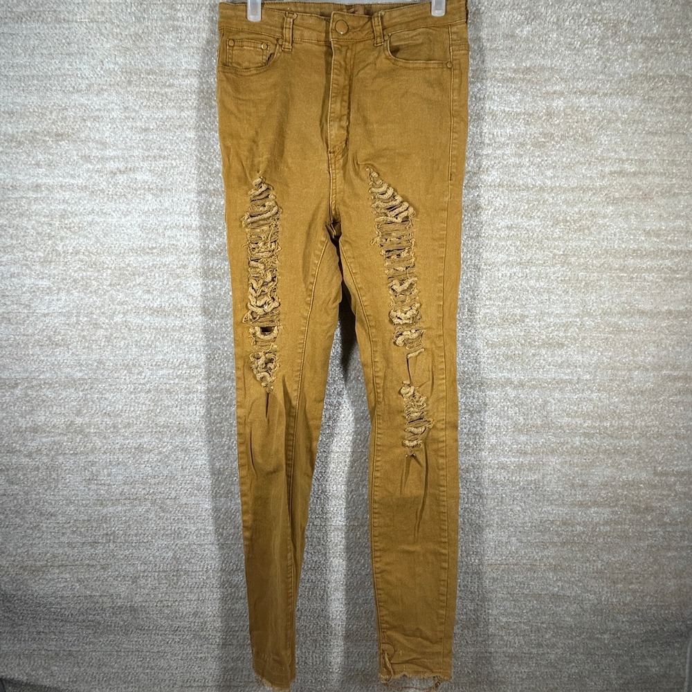Vins Me Womens Grunge Streetwear Distressed High Rise Skinny Jeans Mustard 13